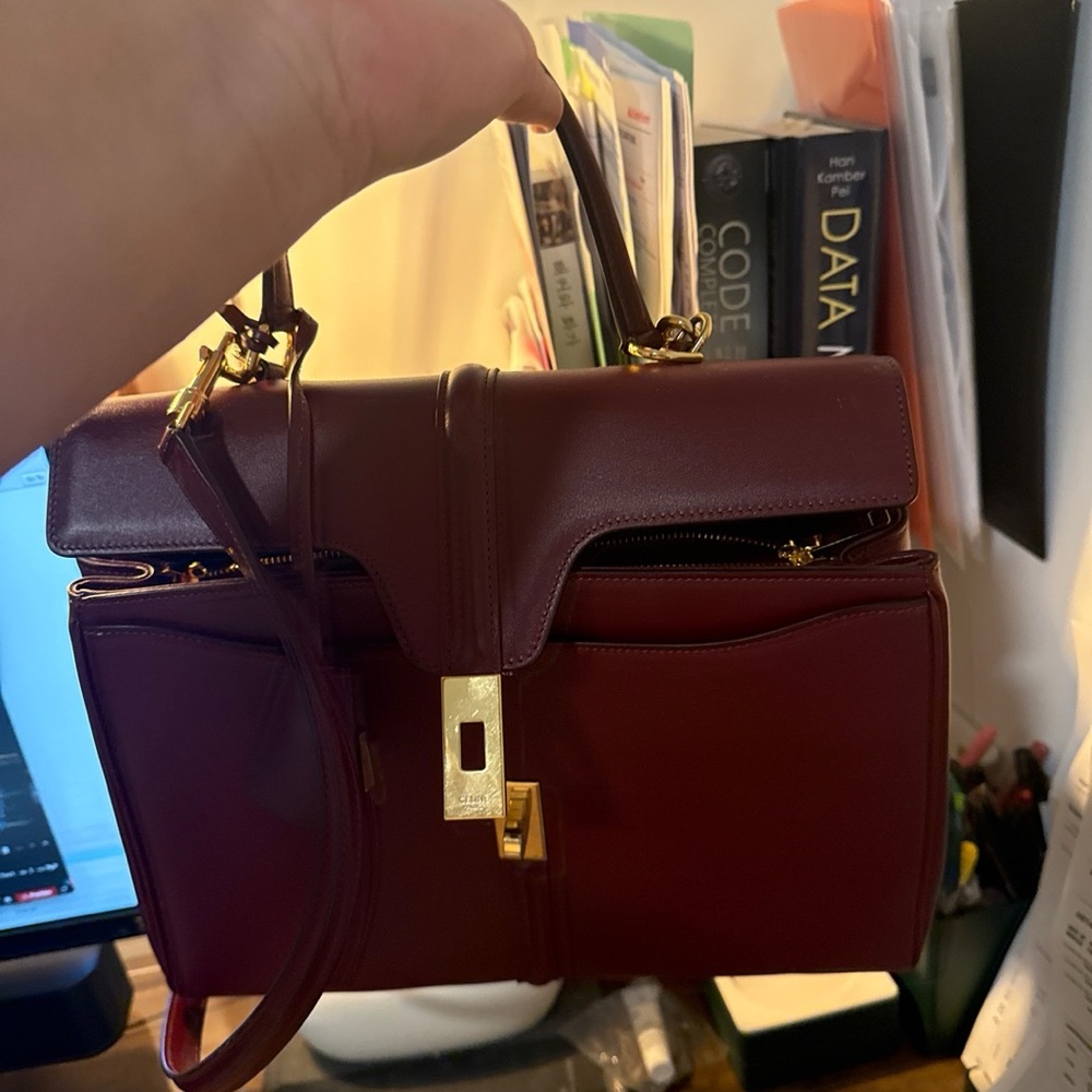 Elegant Burgundy Leather Handbag- celine sac 16 large - Picture 5 of 10